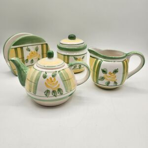 Royal Norfolk Tea Set 4 Pc Green Yellow Rose Tea Pot Sugar Creamer Napkin Holder